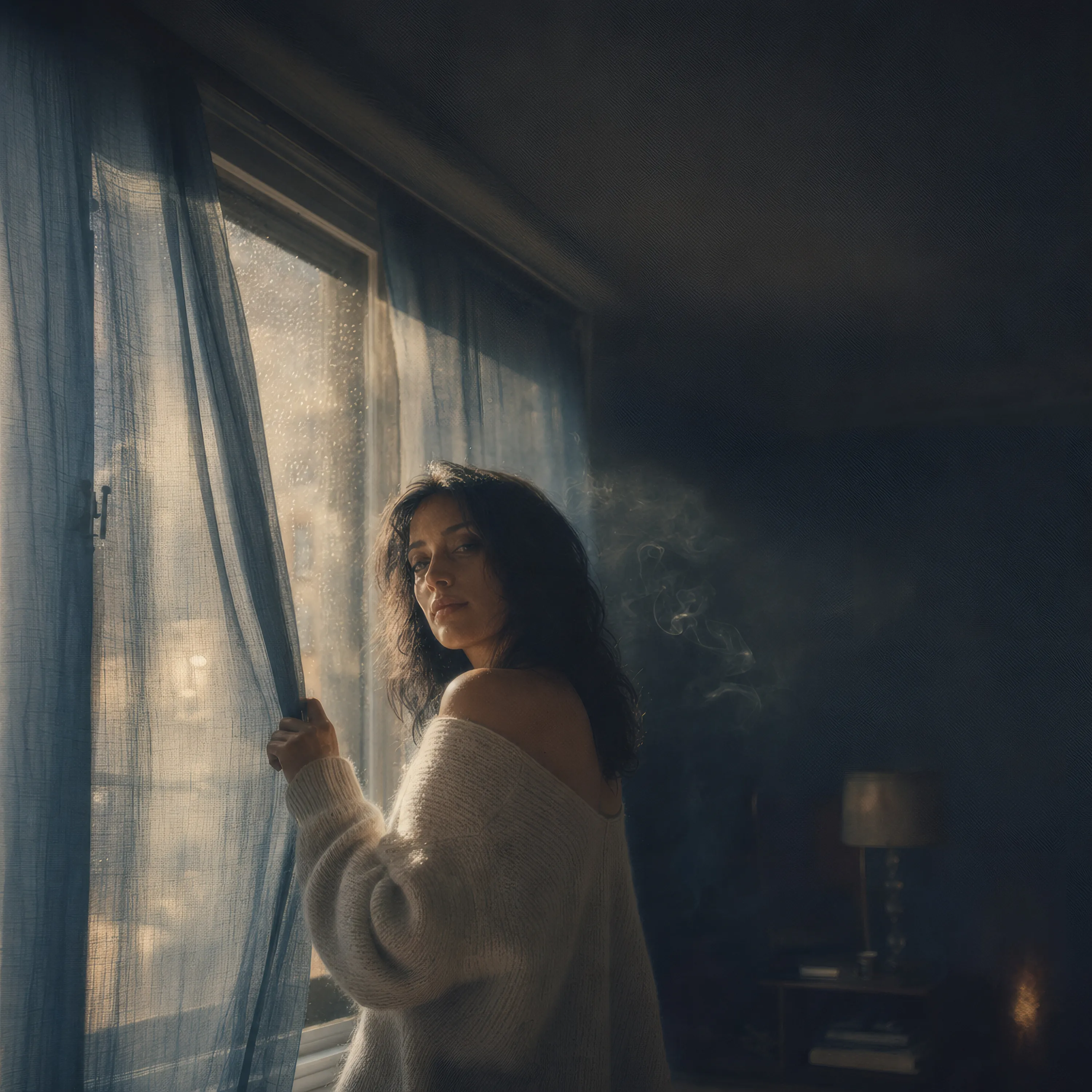 Album cover Blue Curtains: Nola by the window, holding a thin blue curtain aside in a dark room
