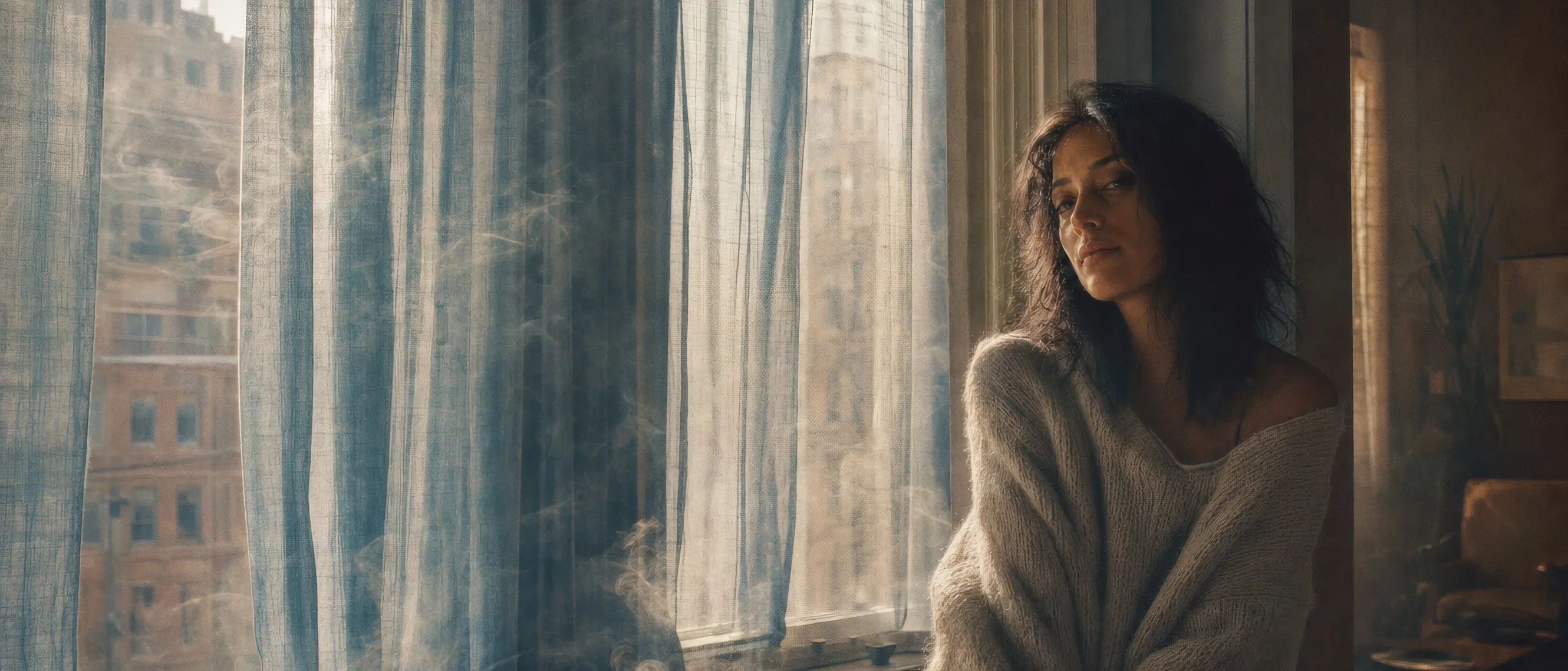 Nola Ashgrove sits by a tall window behind thin blue curtains, morning light and a trace of smoke