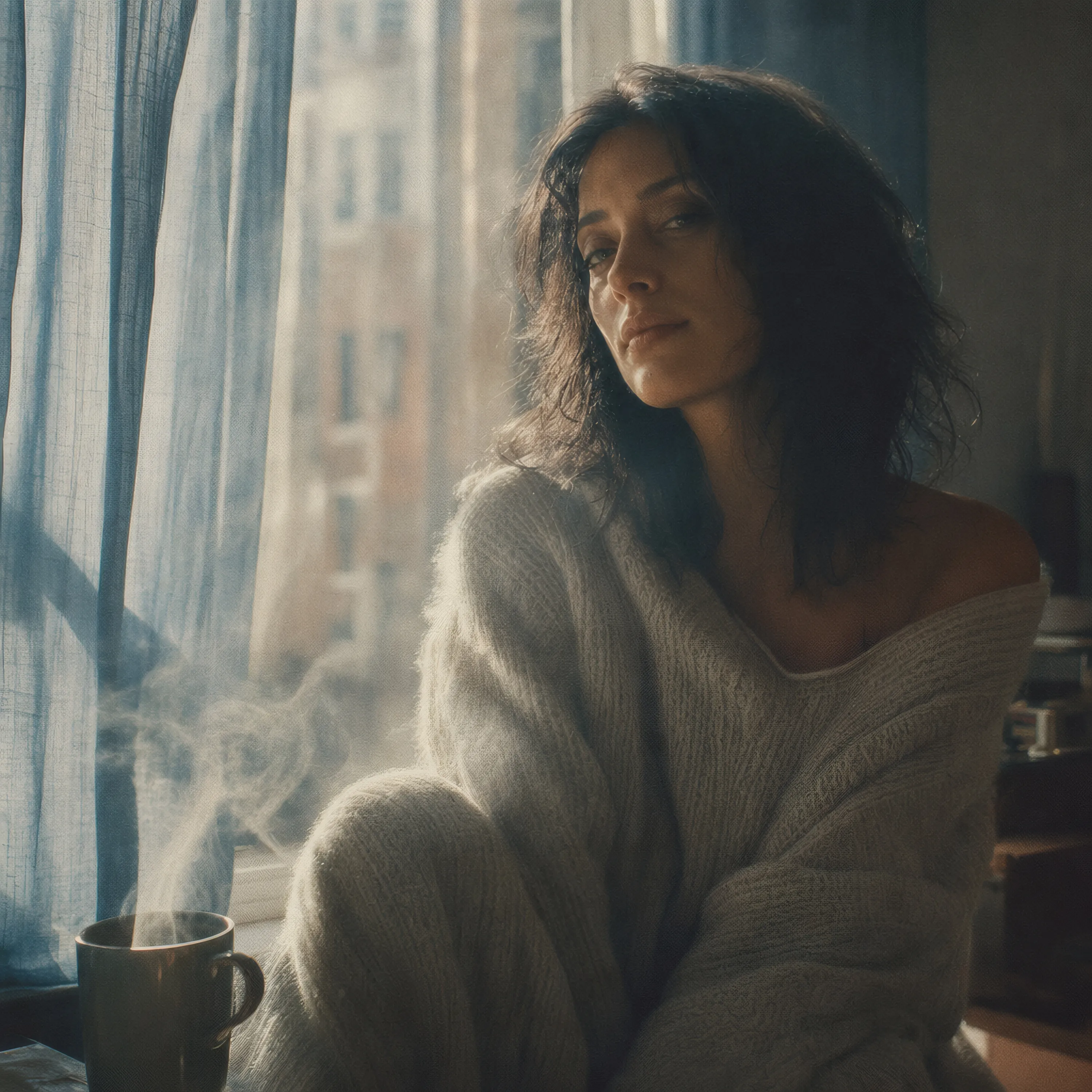 Portrait of Nola Ashgrove: dark wavy hair, an oversized cream sweater, steam rising from a mug by the window